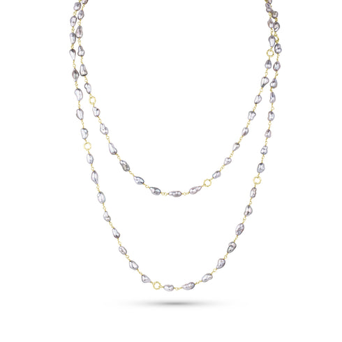 silver Tahitian keshi pearl long necklace with lobster clasp you can fasten to any of the feature links <span class='visuallyhidden'>Call or text 323-404-2959 if you need shopping assistance.</span>