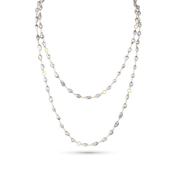 silver Tahitian keshi pearl long necklace with lobster clasp you can fasten to any of the feature links <span class='visuallyhidden'>Call or text 323-404-2959 if you need shopping assistance.</span>