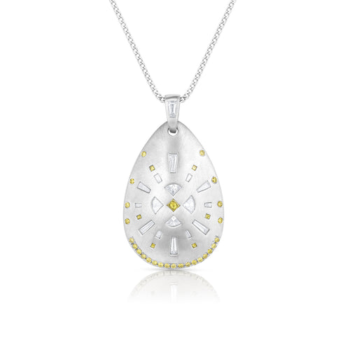 one of a kind lemon yellow diamond and white diamond 18k white gold teardrop shield pendant necklace by Dominique Cohen <span class='visuallyhidden'>Text, phone 323-404-2959 for shopping help.</span>