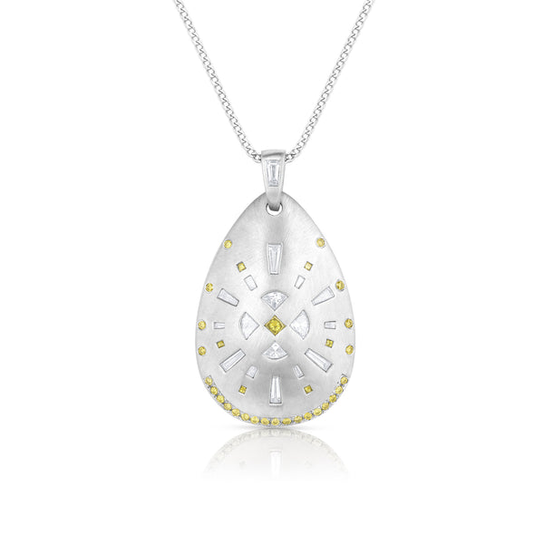 one of a kind lemon yellow diamond and white diamond 18k white gold teardrop shield pendant necklace by Dominique Cohen <span class='visuallyhidden'>Text, phone 323-404-2959 for shopping help.</span>