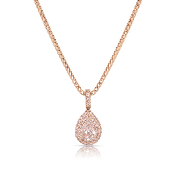 rose gold natural fancy pink diamond pear shape pendant necklace with double halo <span class='visuallyhidden'>Text, phone 323-404-2959 for shopping help.</span>