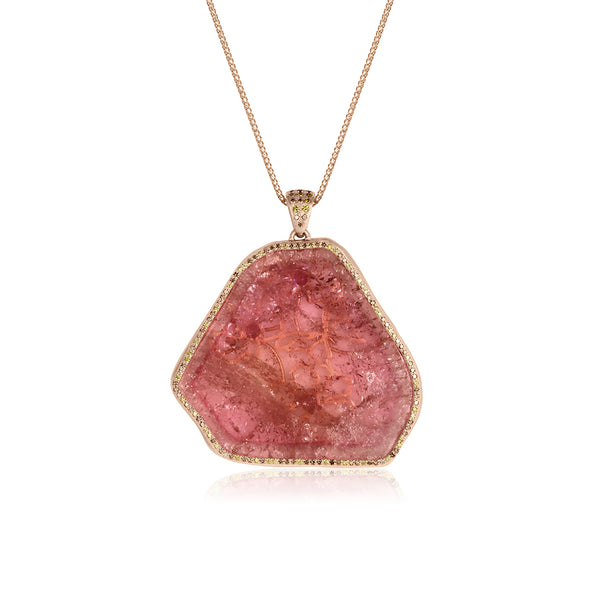 Morganite slice one of a kind pendant necklace detailed in yellow and champagne diamonds<span class='visuallyhidden'>; shop help at 760-978-9297.</span>