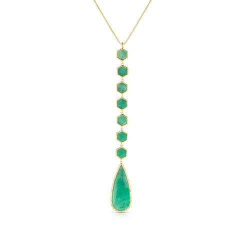 Dominique Cohen emerald slice teardrop and hexagon swag lariat pendant necklace in 18k yellow gold with white and yellow diamond accents<span class='visuallyhidden'>; shop help at 760-978-9297.</span>