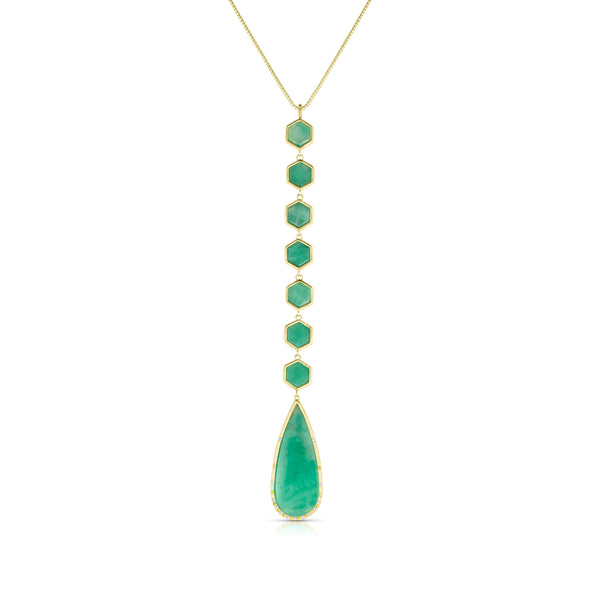 Dominique Cohen emerald slice teardrop and hexagon swag lariat pendant necklace in 18k yellow gold with white and yellow diamond accents<span class='visuallyhidden'>; shop help at 760-978-9297.</span>