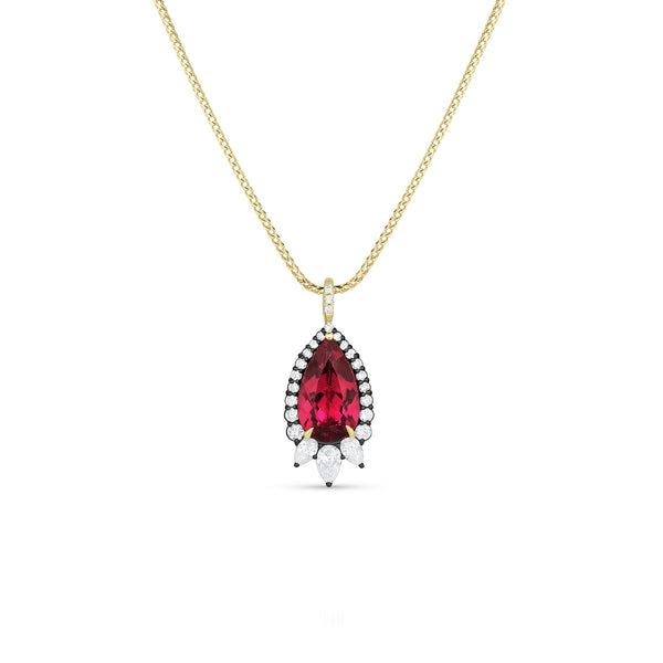 Dominique Cohen rare AAA rubellite pink tourmaline and diamond pendant necklace in yellow and blackened golds<span class='visuallyhidden'>; shop help at 760-978-9297.</span>