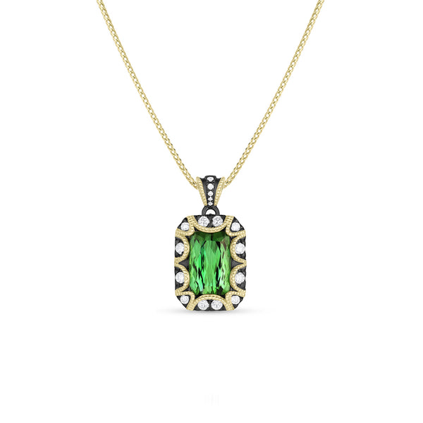 Dominique Cohen AAA green tourmaline and diamond vintage-style pendant necklace in yellow and blackened golds<span class='visuallyhidden'>; shop help at 760-978-9297.</span>