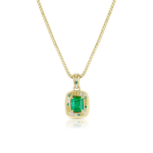 Dominique Cohen AA natural emerald pendant necklace with emerald, diamond, and yellow diamond setting accents<span class='visuallyhidden'>; shop help at 760-978-9297.</span>