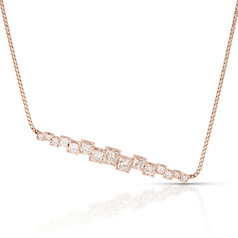 champagne diamond princess cut stagger bar pendant necklace, <br>in 18k rose gold, <br>22 inch (adjustable), <br>1.9ct