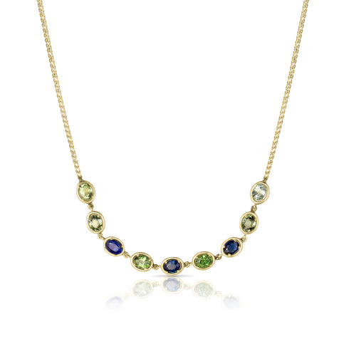 Dominique Cohen ombre green-to-blue sapphire ovals bezel bar layering choker in yellow gold<span class='visuallyhidden'>; shop help at 760-978-9297.</span>