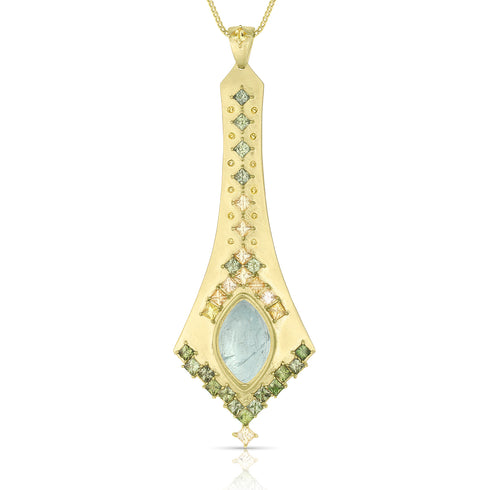 Dominique Cohen one of a kind 18k gold swag pendant necklace with aquamarine, diamonds + green and yellow sapphires<span class='visuallyhidden'>; shop help at 760-978-9297.</span>