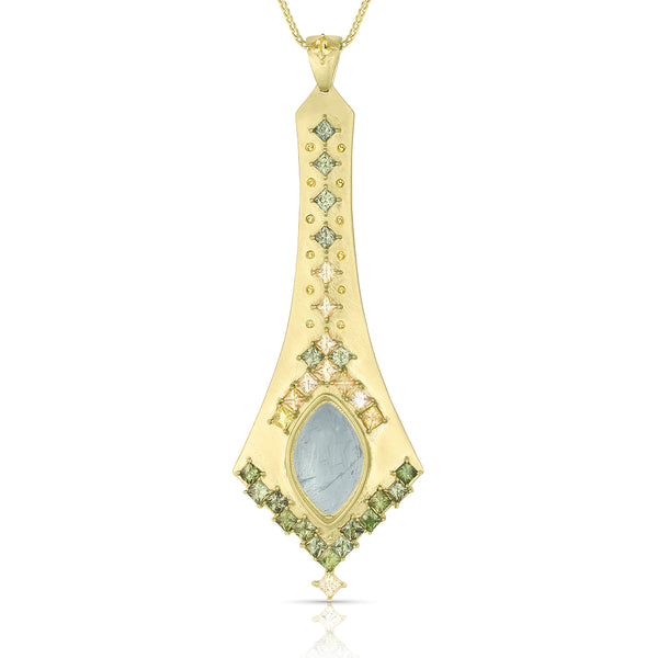 Dominique Cohen one of a kind 18k gold swag pendant necklace with aquamarine, diamonds + green and yellow sapphires<span class='visuallyhidden'>; shop help at 760-978-9297.</span>