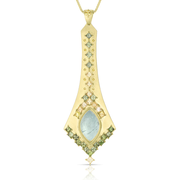 Dominique Cohen one of a kind 18k gold swag pendant necklace with aquamarine, diamonds + green and yellow sapphires<span class='visuallyhidden'>; shop help at 760-978-9297.</span>
