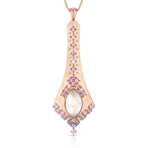 Dominique Cohen pink and purple sapphire, morganite, and diamond swag pendant necklace in brushed 18k rose gold<span class='visuallyhidden'>; shop help at 760-978-9297.</span>