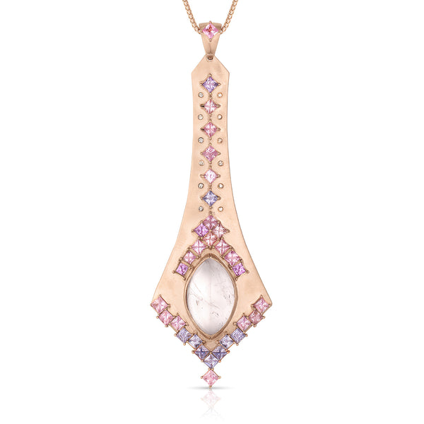 Dominique Cohen pink and purple sapphire and morganite swag pendant necklace in brushed 18k rose gold<span class='visuallyhidden'>; shop help at 760-978-9297.</span>