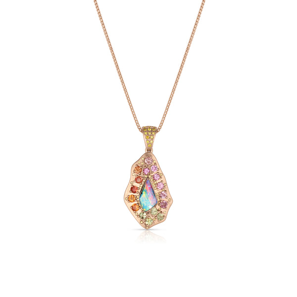 mixed ombré set sapphire, australian opal mini shield pendant necklace,<br>in 18k rose gold,<br>22 inch (adjustable),<br>0.185ct