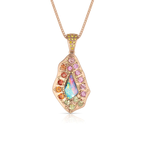 Dominique Cohen opal + sapphire ombré freeform petite shield pendant necklace, up close<span class='visuallyhidden'>; shop help at 760-978-9297.</span>