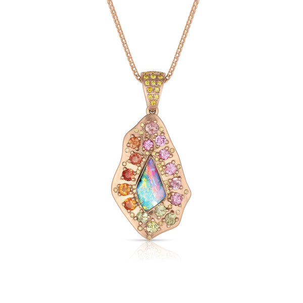 Dominique Cohen opal + sapphire ombré freeform petite shield pendant necklace, up close<span class='visuallyhidden'>; shop help at 760-978-9297.</span>