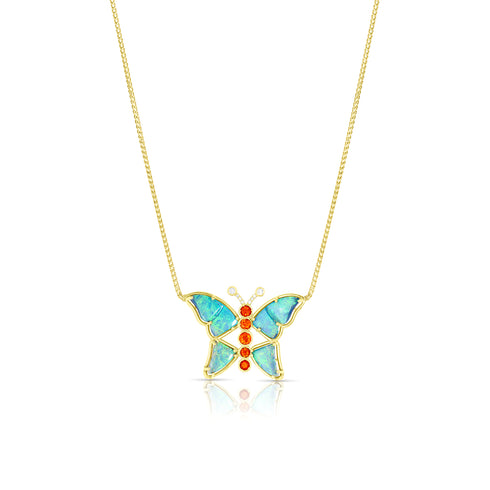 Dominique Cohen one of a kind australian opal, diamond, and orange sapphire pendant necklace in 18k gold<span class='visuallyhidden'>; shop help at 760-978-9297.</span>
