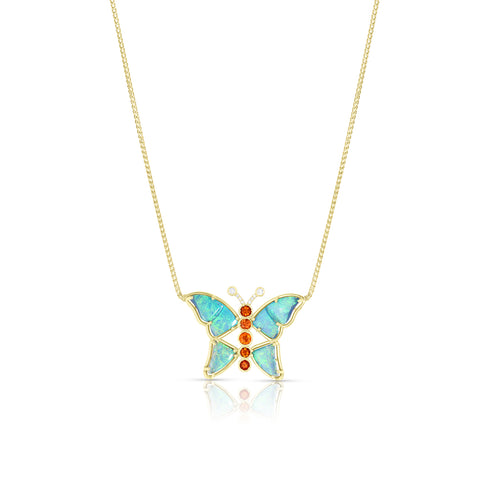 Dominique Cohen one of a kind australian opal, diamond, and orange sapphire pendant necklace in 18k gold<span class='visuallyhidden'>; shop help at 760-978-9297.</span>