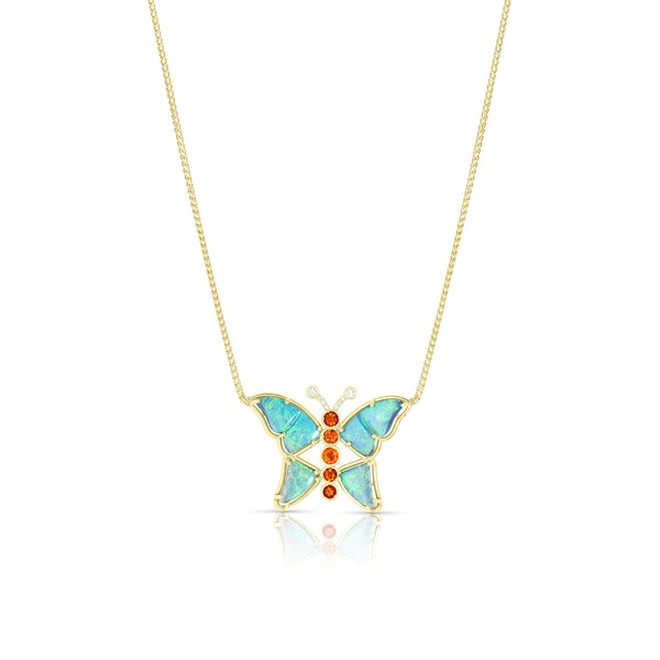Dominique Cohen one of a kind australian opal, diamond, and orange sapphire pendant necklace in 18k gold<span class='visuallyhidden'>; shop help at 760-978-9297.</span>
