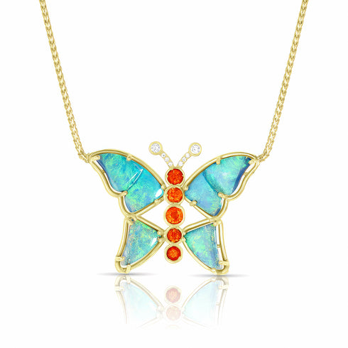 Dominique Cohen one of a kind Australian opal, diamond, and orange sapphire pendant necklace in 18k gold<span class='visuallyhidden'>; shop help at 760-978-9297.</span>