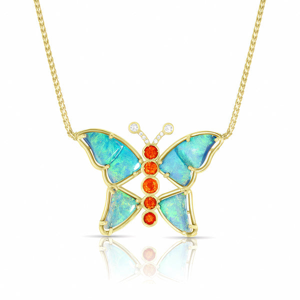 Dominique Cohen one of a kind Australian opal, diamond, and orange sapphire pendant necklace in 18k gold<span class='visuallyhidden'>; shop help at 760-978-9297.</span>