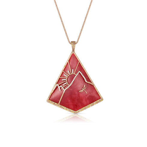 TO DO rhodocrosite, diamond, yellow diamond, champagne diamond mountain pendant necklace,<br>in 18k rose gold,<br>28 inch (adjustable),<br>1.25.ct