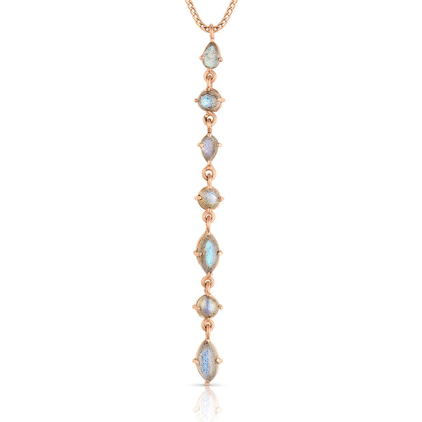 Dominique Cohen mixed shapes labradorite delicate lariat pendant necklace in rose gold<span class='visuallyhidden'>; shop help at 760-978-9297.</span>