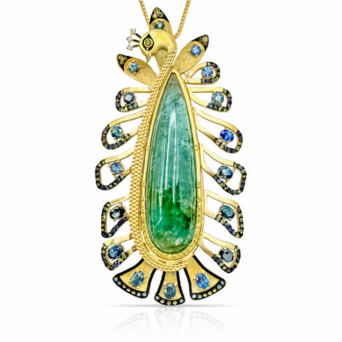 Dominique Cohen artful peacock pendant necklace in teal tourmaline, yellow diamonds, blue sapphires, emeralds, and white diamonds in 18k yellow + blackened gold<span class='visuallyhidden'>; shop help at 760-978-9297.</span>