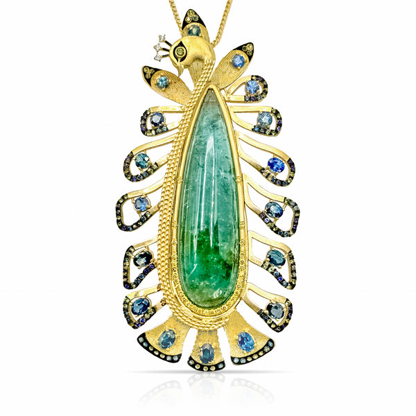 Dominique Cohen artful peacock pendant necklace in teal tourmaline, yellow diamonds, blue sapphires, emeralds, and white diamonds in 18k yellow + blackened gold<span class='visuallyhidden'>; shop help at 760-978-9297.</span>