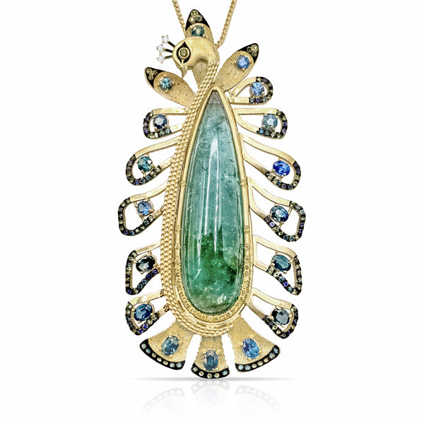 Dominique Cohen artful peacock pendant necklace in teal tourmaline, yellow diamonds, blue sapphires, emeralds, and white diamonds in 18k yellow + blackened gold<span class='visuallyhidden'>; shop help at 760-978-9297.</span>