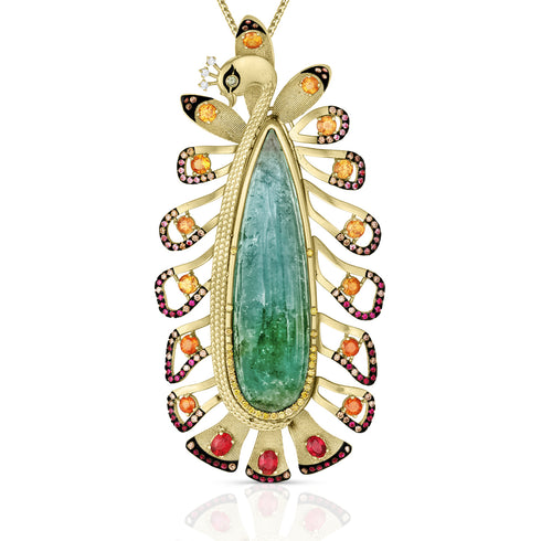 Dominique Cohen artful peacock pendant necklace in teal tourmaline, yellow diamonds, orange sapphires, pink sapphires, and white diamonds in 18k yellow + blackened gold<span class='visuallyhidden'>; shop help at 760-978-9297.</span>