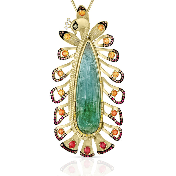 Dominique Cohen artful peacock pendant necklace in teal tourmaline, yellow diamonds, orange sapphires, pink sapphires, and white diamonds in 18k yellow + blackened gold<span class='visuallyhidden'>; shop help at 760-978-9297.</span>