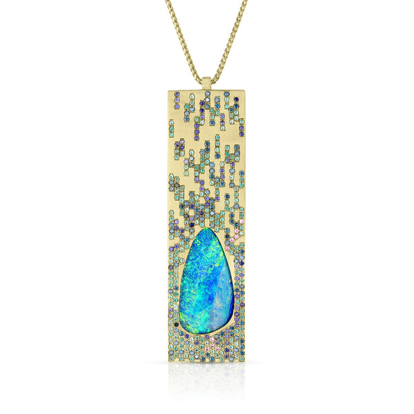 Dominique Cohen one-of-a-kind Australian opal, emerald, blue diamond, pink sapphire vertical bar pendant necklace in 18k gold<span class='visuallyhidden'>; shop help at 760-978-9297.</span>