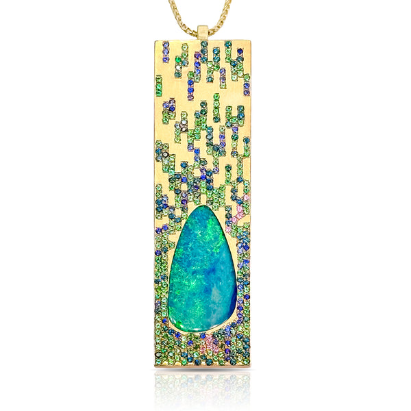 Dominique Cohen one-of-a-kind Australian opal, emerald, blue diamond, pink sapphire vertical bar pendant necklace in 18k gold<span class='visuallyhidden'>; shop help at 760-978-9297.</span>