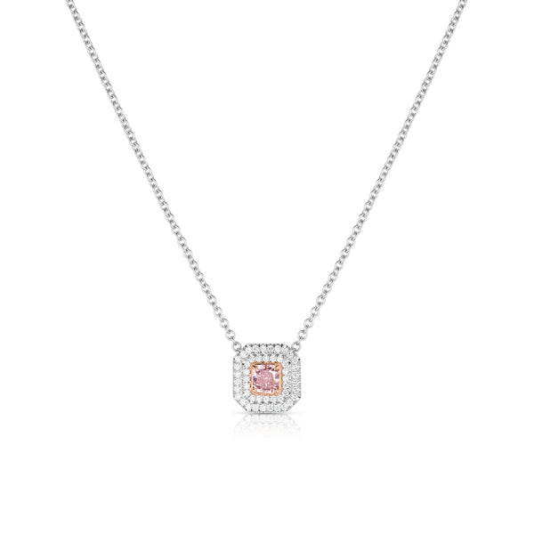 Dominique Cohen cushion-cut natural fancy pink diamond pendant necklace with white diamond double halo, in white gold<span class='visuallyhidden'>; shop help at 760-978-9297.</span>