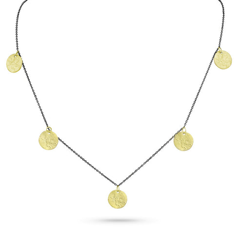 The original five-coin necklace by Dominique Cohen, as worn on The Newsroom, here in 18k yellow gold paired with 18k black gold<span class='visuallyhidden'>; shop help at 760-978-9297.</span>