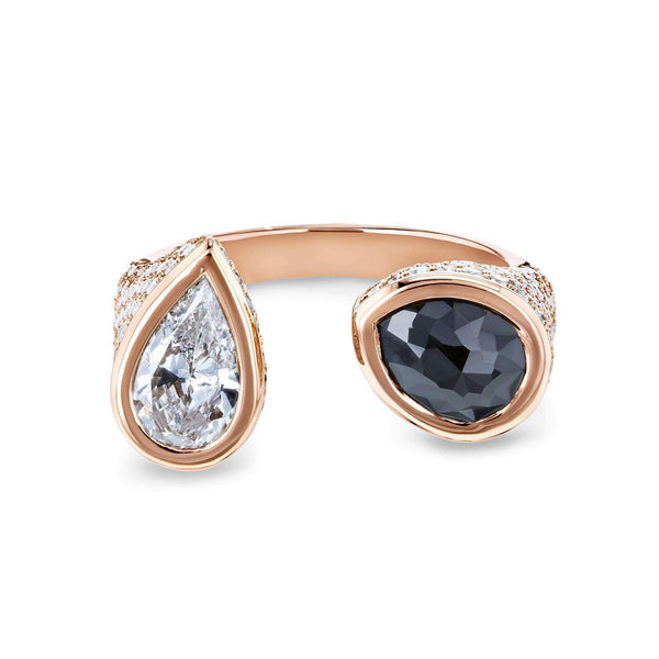 18k rose gold white diamond, black diamond open cuff ring <span class='visuallyhidden'>Call, text 323-404-2959 for shop help.</span>