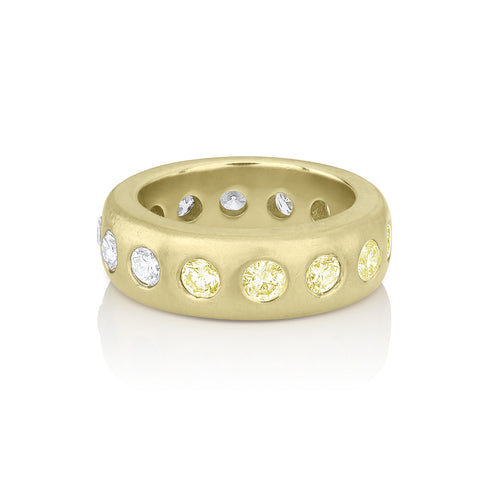 yellow diamond, white diamond round-cut wide band eternity ring<br>by Dominique Cohen, in 18K yellow gold <span class='visuallyhidden'>Call, text 323-404-2959 for shopping assistance.</span>