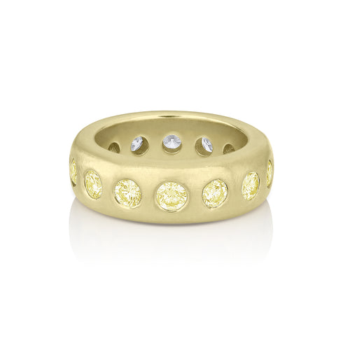 yellow diamond, white diamond round-cut wide band eternity ring, yellow diamond face,<br>by Dominique Cohen, in 18K yellow gold <span class='visuallyhidden'>Call, text 323-404-2959 for shopping assistance.</span>