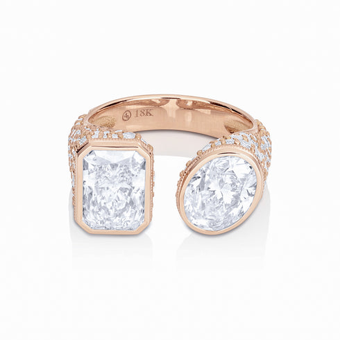 beautiful radiant cut + oval cut statement diamond ring<br>adorned in diamond pave and set in 18K rose gold <span class='visuallyhidden'>Call or text 323-404-2959 if needing shopping assistance</span>