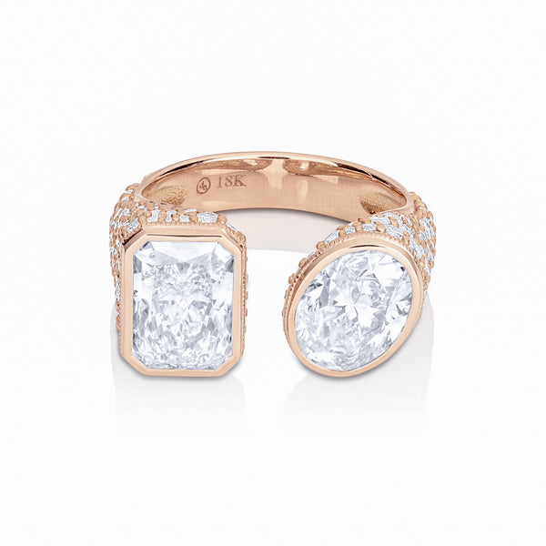 beautiful radiant cut + oval cut statement diamond ring<br>adorned in diamond pave and set in 18K rose gold <span class='visuallyhidden'>Call or text 323-404-2959 if needing shopping assistance</span>