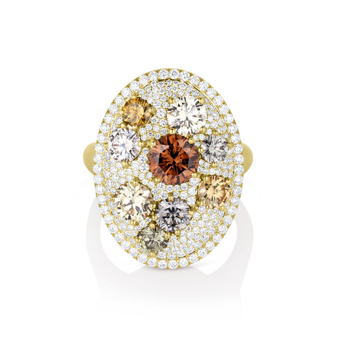 head-on view of our 2.84ct oval diamond cocktail ring<br>featuring a spray of mixed fancy color diamonds in a sea of white diamond pave <span class='visuallyhidden'>Call, text 323-404-2959 for shopping assistance.</span>