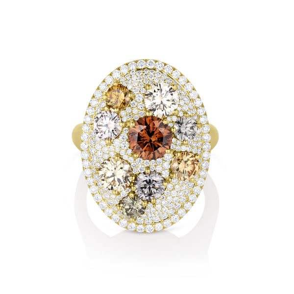 head-on view of our 2.84ct oval diamond cocktail ring<br>featuring a spray of mixed fancy color diamonds in a sea of white diamond pave <span class='visuallyhidden'>Call, text 323-404-2959 for shopping assistance.</span>