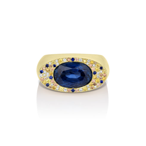 Dominique Cohen blue sapphire, diamond, yellow diamond, champagne diamond cocktail ring<span class='visuallyhidden'>; shopping help at 323-404-2959.</span>
