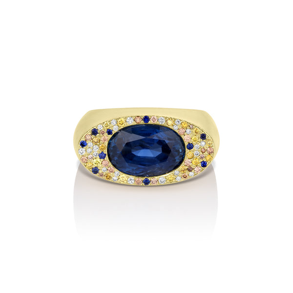 Dominique Cohen blue sapphire, diamond, yellow diamond, champagne diamond cocktail ring<span class='visuallyhidden'>; shopping help at 323-404-2959.</span>