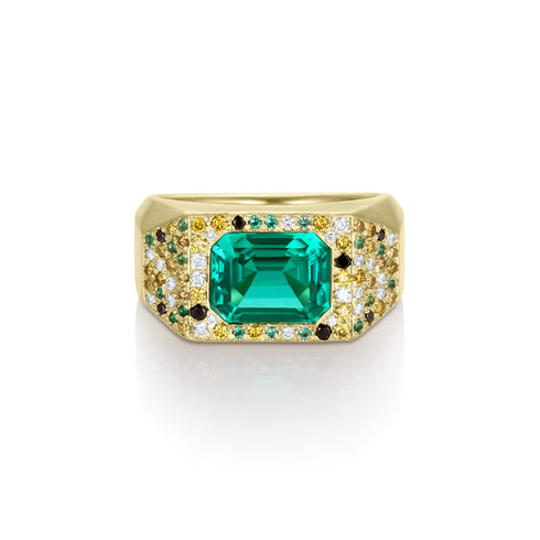 Dominique Cohen 18k gold emerald cocktail ring with yellow diamond, white diamond, black diamond, and emerald pave<span class='visuallyhidden'>; shop help at 760-978-9297.</span>