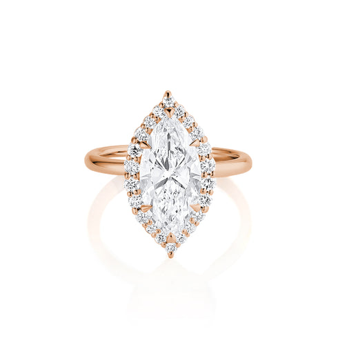 beautiful large marquise diamond ring with diamond halo, in 14k rose gold<span class='visuallyhidden'>; 323-404-2959 for shop help.</span>