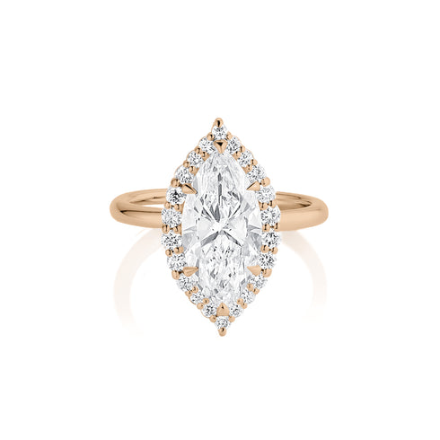beautiful large marquise diamond ring with diamond halo, in 14k rose gold<span class='visuallyhidden'>; 760-978-9297 for shop help.</span>