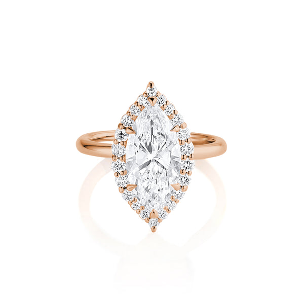 beautiful large marquise diamond ring with diamond halo, in 14k rose gold<span class='visuallyhidden'>; 323-404-2959 for shop help.</span>
